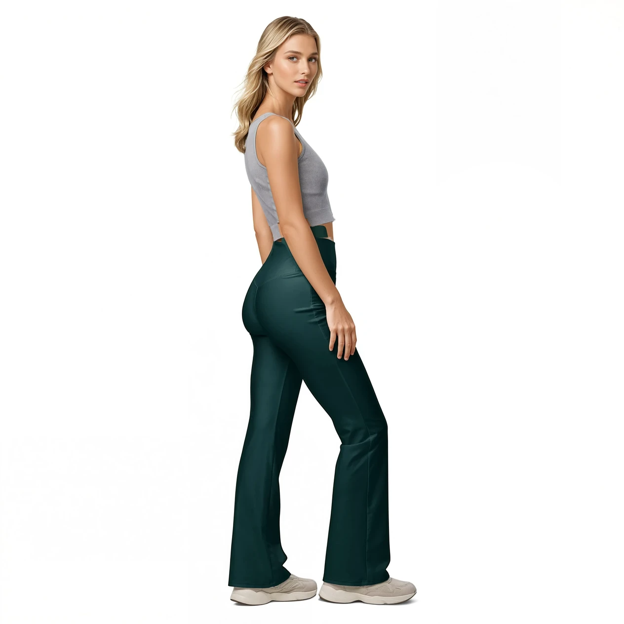 Legging évasé vert Mod-ee, une taille haute et un tissu doux, doté d'une protection UPF 50+ et conçu pour une évacuation efficace de l'humidité, idéal pour une pratique sportive dans un confort optimal.