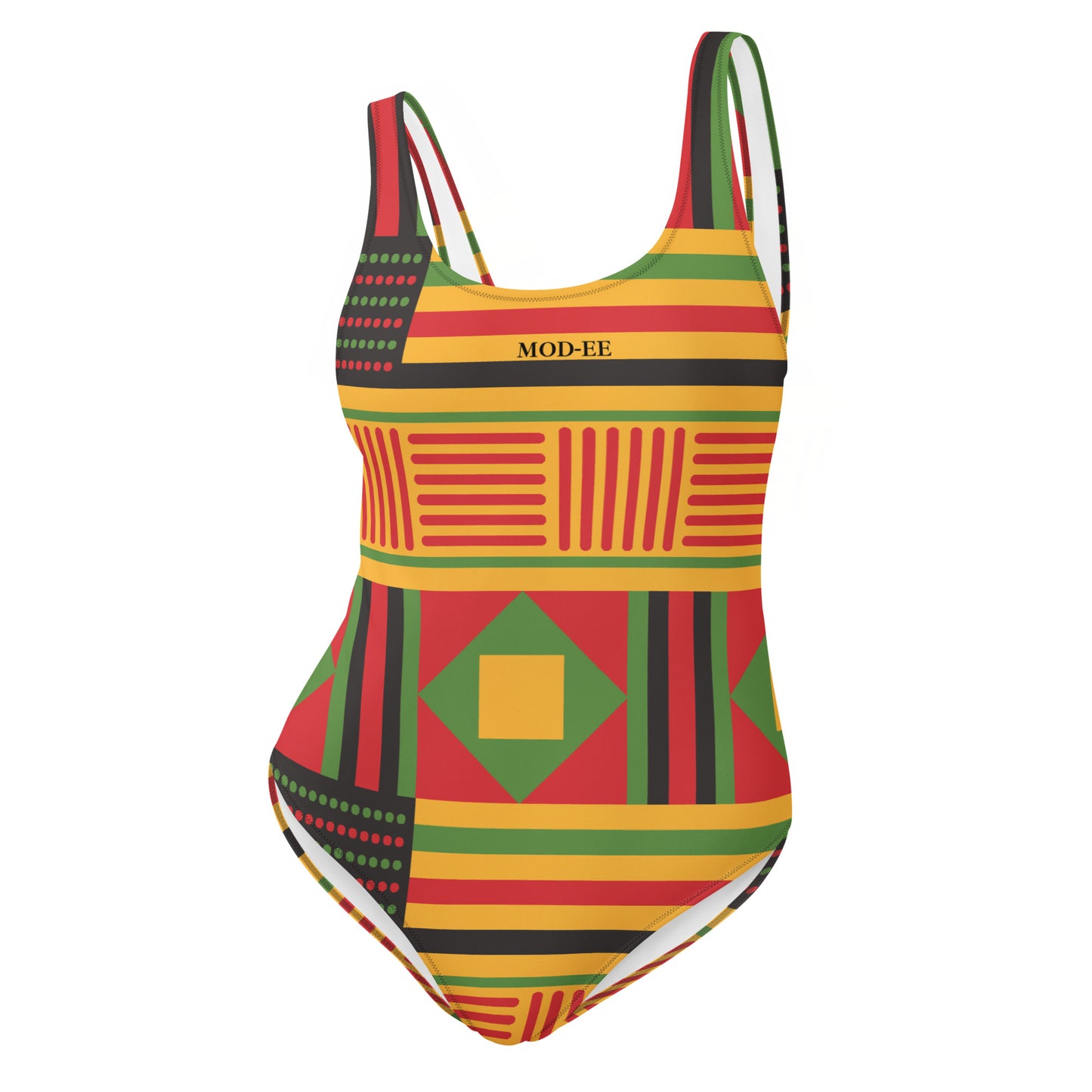 Maillot de bain imprimé wax une pièce Mod-ee, présentant une coupe ajustée et un dos plongeant, réalisé dans un matériau extensible pour un maintien optimal et un confort raffiné lors de vos activités aquatiques.