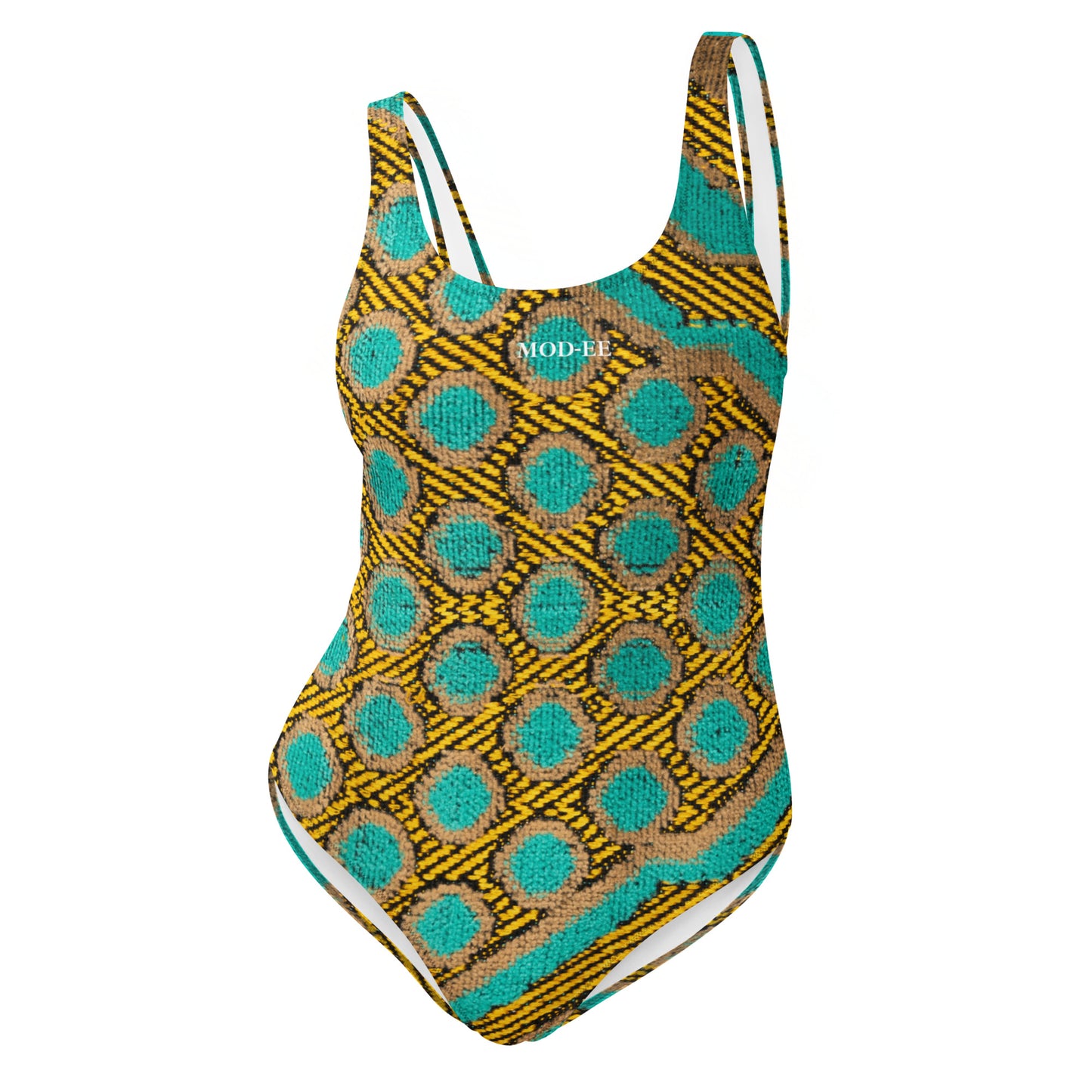 Maillot de bain imprimé wax une pièce Mod-ee, présentant une coupe ajustée et un dos plongeant, réalisé dans un matériau extensible pour un maintien optimal et un confort raffiné lors de vos activités aquatiques.