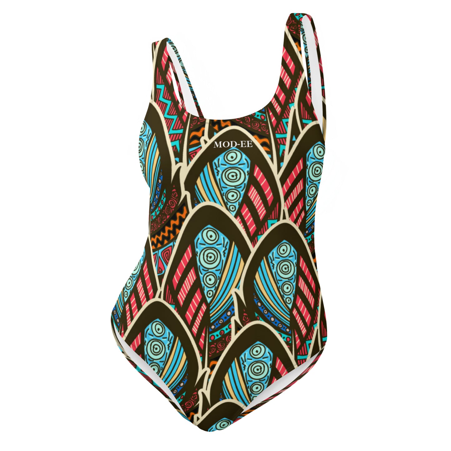 Maillot de bain imprimé wax une pièce Mod-ee, présentant une coupe ajustée et un dos plongeant, réalisé dans un matériau extensible pour un maintien optimal et un confort raffiné lors de vos activités aquatiques.