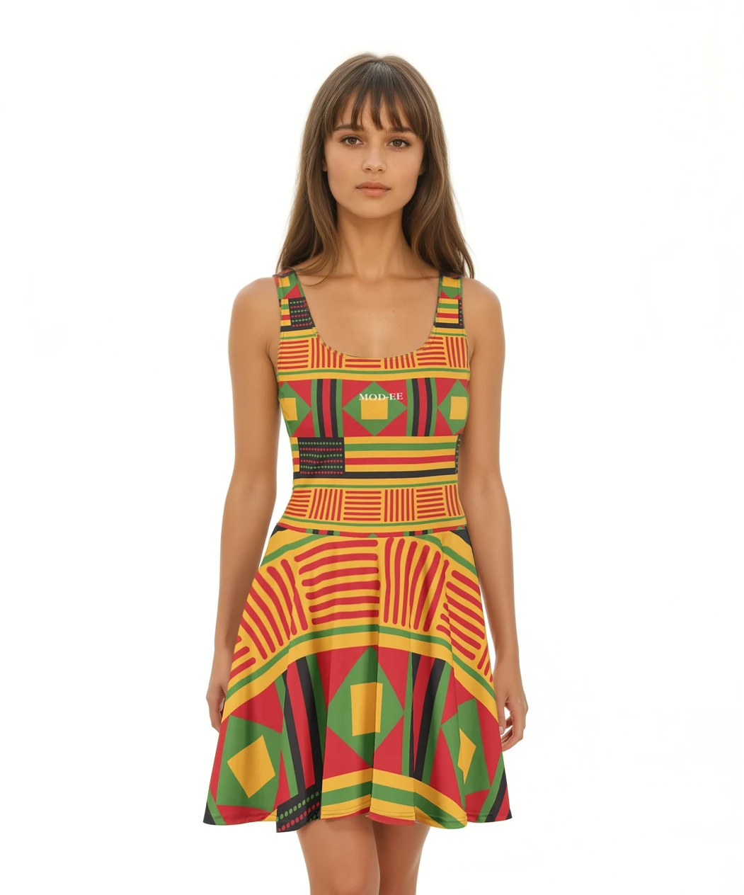 Sublimez votre garde-robe avec cette élégante robe patineuse sans manches en imprimé wax africain. Confectionnée dans un coton doux et respirant, elle offre un confort optimal tout au long de la journée.