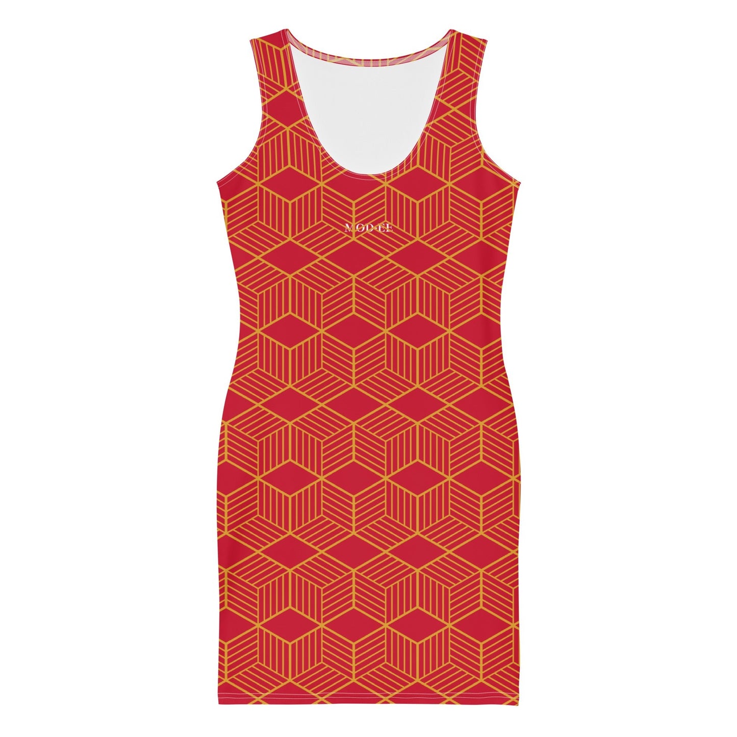 Robe moulante imprimée rouge Mod-ee, offrant une protection UPF 50+ et réalisée dans un matériau stretch et extensible, conçue pour épouser parfaitement les formes tout en garantissant un confort et une allure élégante.