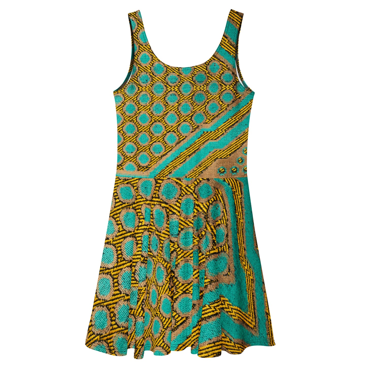 Sublimez votre garde-robe avec cette élégante robe patineuse sans manches en imprimé wax africain. Confectionnée dans un coton doux et respirant, elle offre un confort optimal tout au long de la journée.