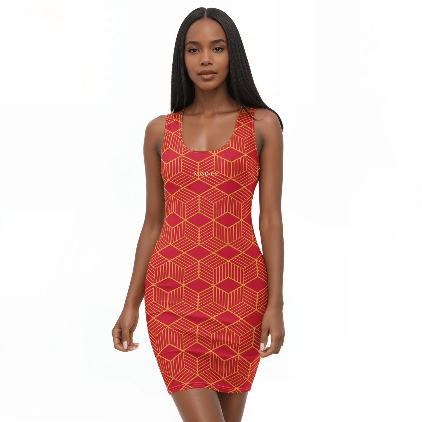 Robe moulante imprimée rouge Mod-ee, offrant une protection UPF 50+ et réalisée dans un matériau stretch et extensible, conçue pour épouser parfaitement les formes tout en garantissant un confort et une allure élégante.
