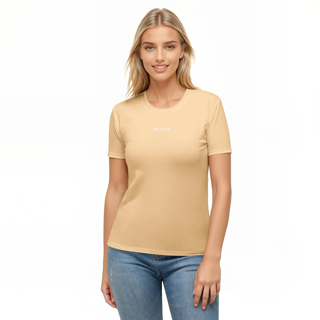 T-shirt beige Mod-ee pour femme, à col ras du cou, réalisé dans un tissu doux, extensible et confortable, parfait pour une tenue quotidienne alliant simplicité, modernité et praticité.
