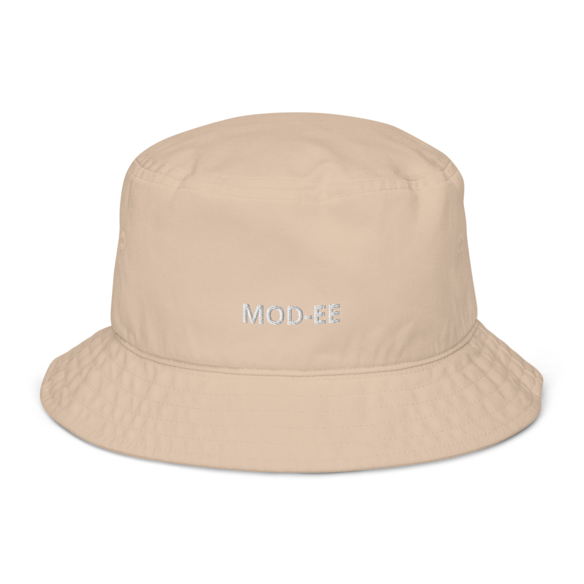 Bob beige Mod-ee, confectionné en coton sergé biologique, offrant une protection efficace contre le soleil et constituant un accessoire élégant et intemporel qui complète parfaitement votre tenue estivale.