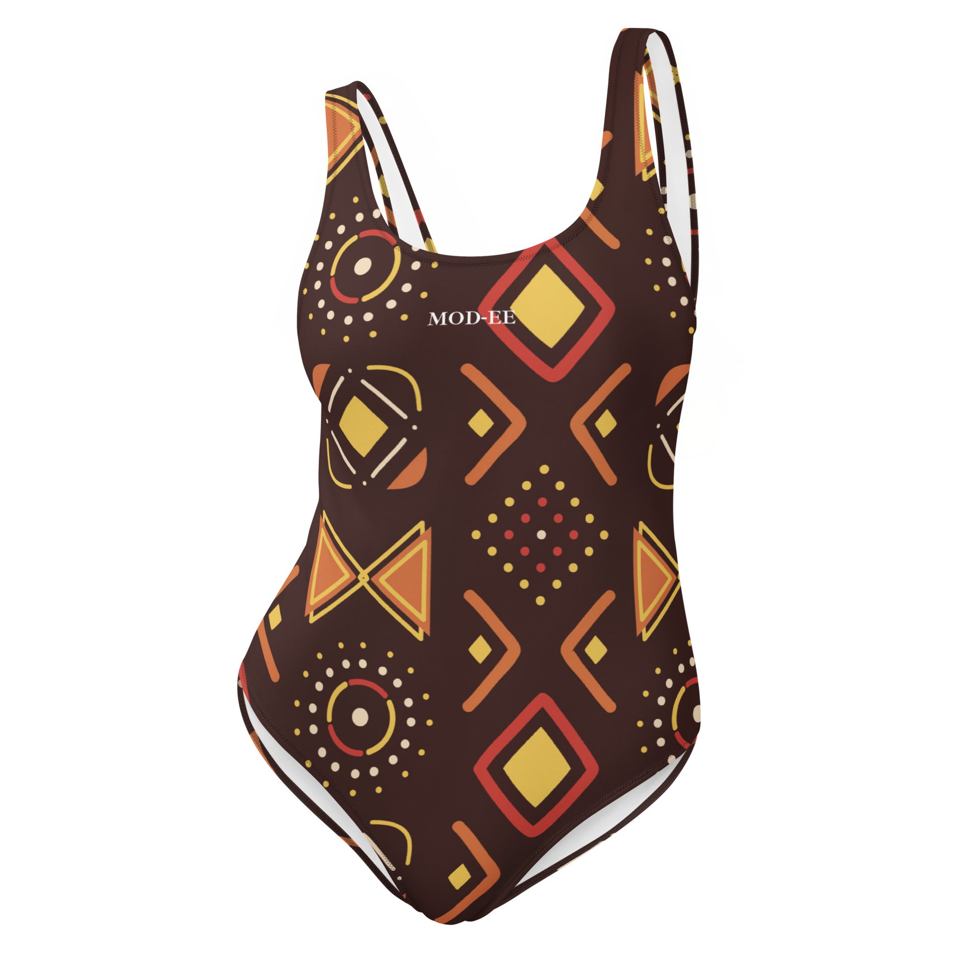 Maillot de bain imprimé wax une pièce Mod-ee, présentant une coupe ajustée et un dos plongeant, réalisé dans un matériau extensible pour un maintien optimal et un confort raffiné lors de vos activités aquatiques.