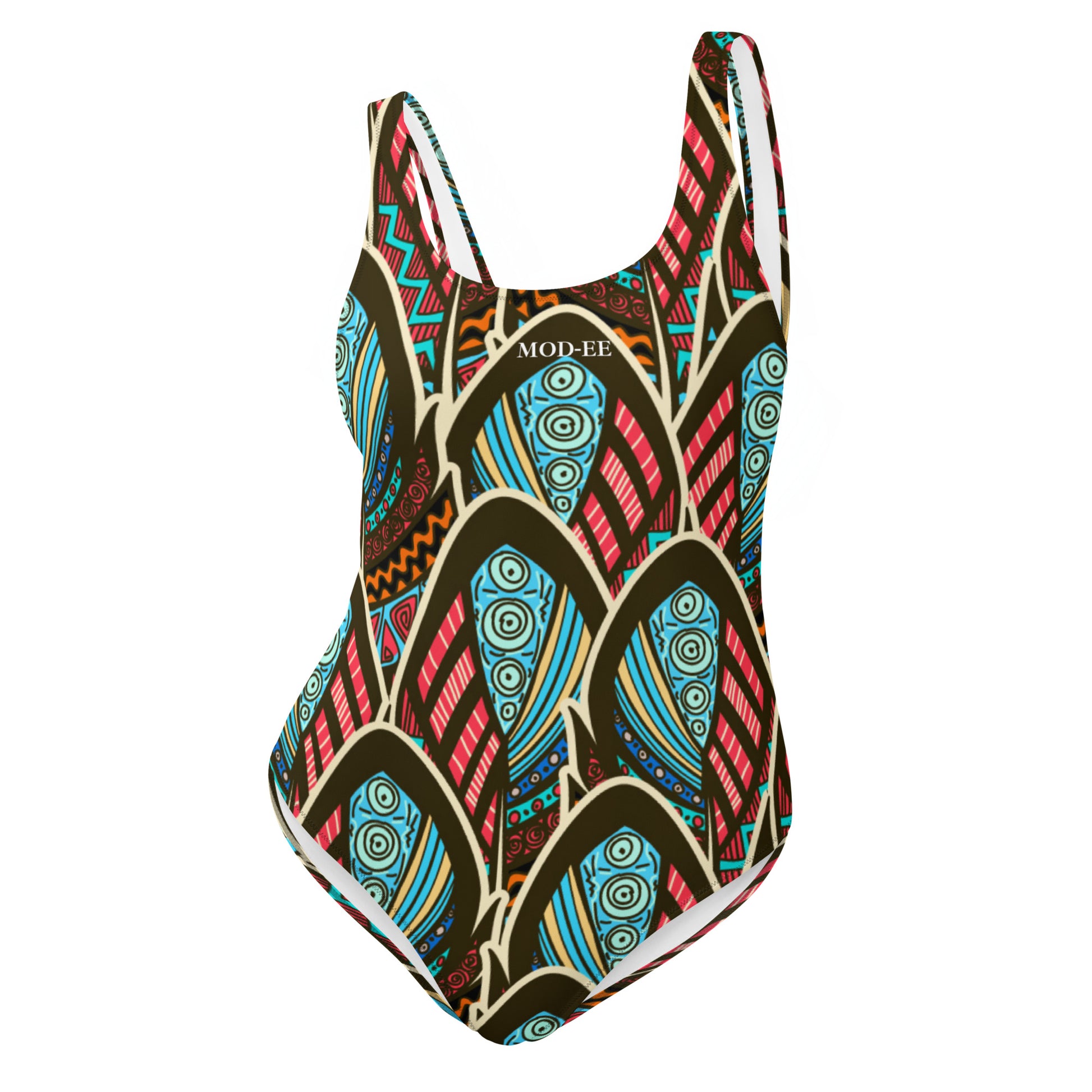 Maillot de bain imprimé wax une pièce Mod-ee, présentant une coupe ajustée et un dos plongeant, réalisé dans un matériau extensible pour un maintien optimal et un confort raffiné lors de vos activités aquatiques.