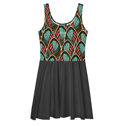 Sublimez votre garde-robe avec cette élégante robe patineuse sans manches en imprimé wax africain. Confectionnée dans un coton doux et respirant, elle offre un confort optimal tout au long de la journée.