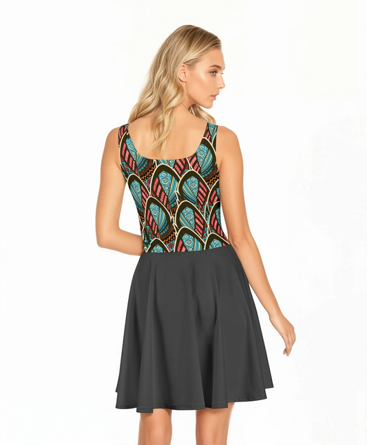 Sublimez votre garde-robe avec cette élégante robe patineuse sans manches en imprimé wax africain. Confectionnée dans un coton doux et respirant, elle offre un confort optimal tout au long de la journée.