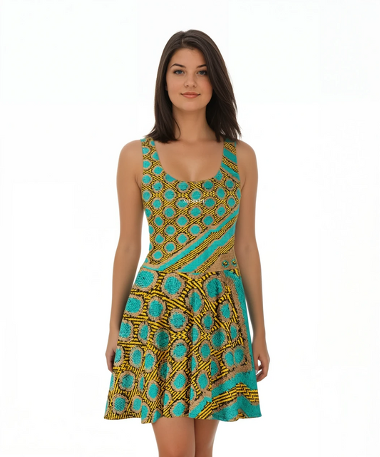 Sublimez votre garde-robe avec cette élégante robe patineuse sans manches en imprimé wax africain. Confectionnée dans un coton doux et respirant, elle offre un confort optimal tout au long de la journée.