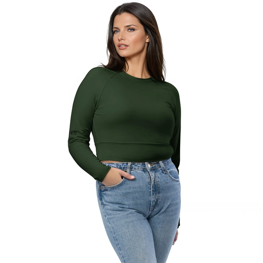 Crop top vert kaki Mod-ee, fabriqué de manière écologique à partir de matières recyclées, doté d’une ceinture à double épaisseur pour un ajustement parfait, offrant un look audacieux et responsable.